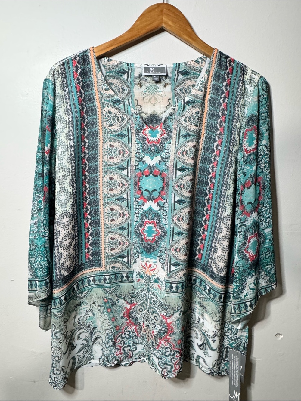 JM Collection Teal and Coral Floral-Print Open Front Tunic